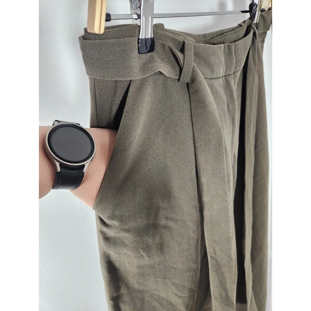 TOPSHOP Womens Army‎ Green Cropped Belted Trouser Pants with Pockets Size 8
